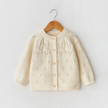 Spring Autumn 100% Cotton Jacquard Hollow Knit Baby Cardigan - Natural Baby Clothing丨Pure, organic, dye-free care, cozy and gentle for babies