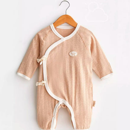 Diagonal Placket Tie-Strap Long Sleeve Romper for Baby - Natural Baby Clothing丨Pure, organic, dye-free care, cozy and gentle for babies