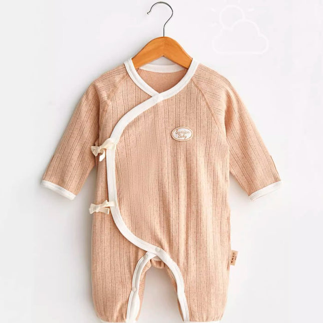 Diagonal Placket Tie-Strap Long Sleeve Romper for Baby - Natural Baby Clothing丨Pure, organic, dye-free care, cozy and gentle for babies